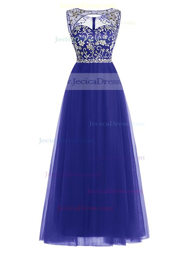 A-line Scoop Neck Royal Blue Tulle Beading Floor-length Custom Open Back Prom Dresses #JCD020102947