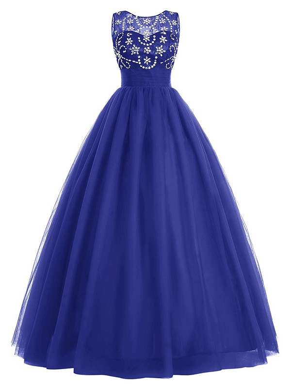 Ball Gown Scoop Neck Royal Blue Lace Tulle Beading Floor-length Online Open Back Prom Dresses #JCD020102948