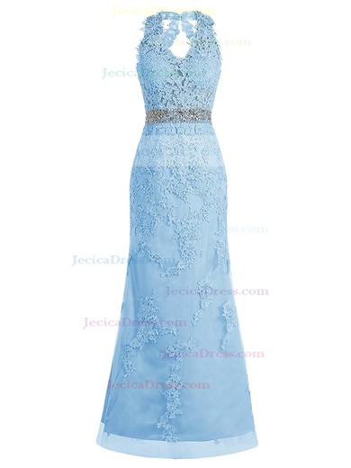 Open Back V-neck Blue Tulle with Beading Floor-length Famous Sheath/Column Prom Dresses #JCD020102950