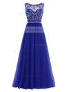 Modest A-line Scoop Neck Royal Blue Tulle with Sequins Floor-length Open Back Prom Dresses #JCD020102951
