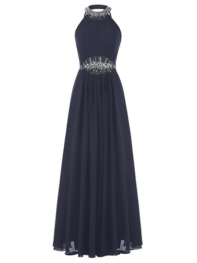 Open Back A-line Scoop Neck Black Chiffon with Sequins Floor-length Promotion Prom Dresses #JCD020102952