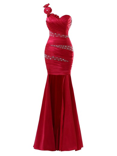 Top Trumpet/Mermaid Satin with Beading Floor-length Backless One Shoulder Prom Dresses #JCD020102954