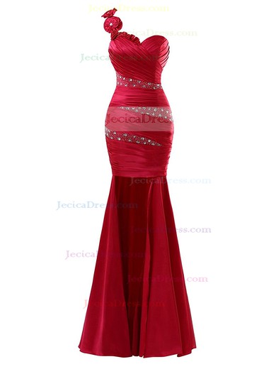 Top Trumpet/Mermaid Satin with Beading Floor-length Backless One Shoulder Prom Dresses #JCD020102954