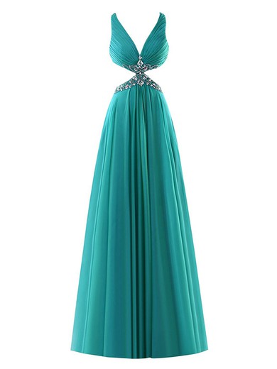 New Arrival A-line V-neck Chiffon with Beading Floor-length Backless Prom Dresses #JCD020102956