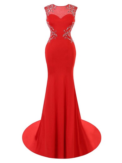 Trumpet/Mermaid Scoop Neck Red Tulle Silk-like Satin Beading Sweep Train Best Open Back Prom Dresses #JCD020102957
