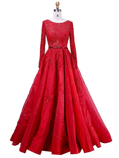 Red Princess Scoop Neck Organza Appliques Lace Sweep Train Custom Long Sleeve Prom Dresses #JCD020102960