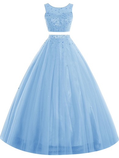 Original Ball Gown Scoop Neck Tulle Crystal Detailing Floor-length Open Back Two Piece Prom Dresses #JCD020102964