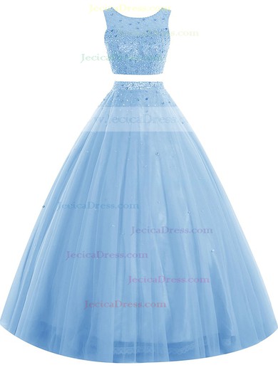 Original Ball Gown Scoop Neck Tulle Crystal Detailing Floor-length Open Back Two Piece Prom Dresses #JCD020102964