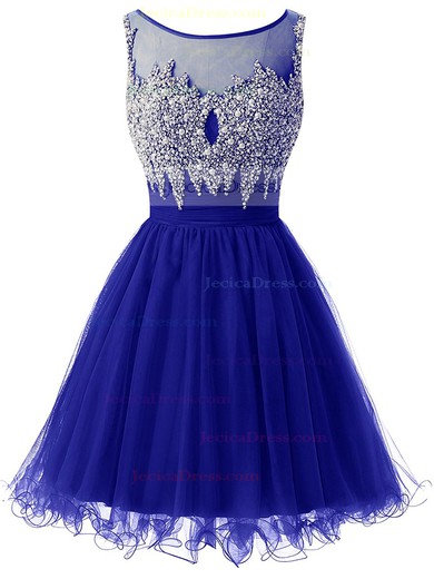Short/Mini Royal Blue A-line Scoop Neck Tulle Pearl Detailing Affordable Prom Dresses #JCD020102965