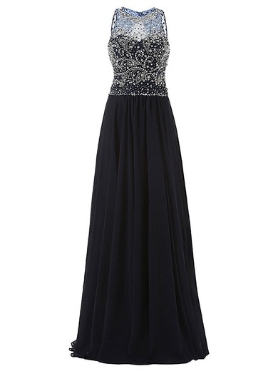 Inexpensive A-line Scoop Neck Tulle Chiffon with Beading Floor-length Black Prom Dresses #JCD020102966