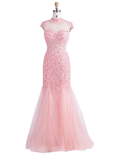 Trumpet/Mermaid Tulle with Beading Sweep Train Perfect High Neck Prom Dresses #JCD020102967