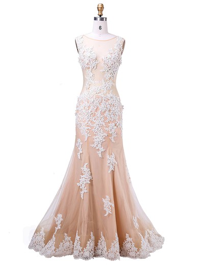 Famous Scoop Neck Champagne Tulle Appliques Lace Sweep Train Trumpet/Mermaid Prom Dresses #JCD020102968