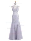 Modest Trumpet/Mermaid Scoop Neck Tulle Appliques Lace Sweep Train Backless Prom Dresses #JCD020102970