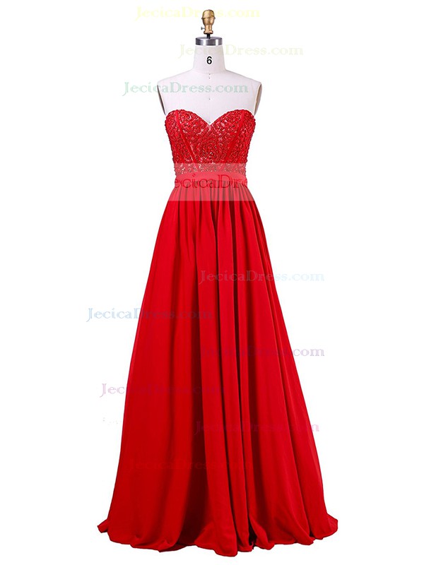 A-line Sweetheart Chiffon Beading Floor-length Lace-up Wholesale Red Prom Dresses #JCD020102971