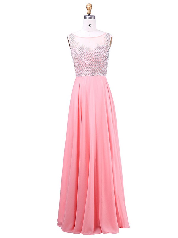 A-line Scoop Neck Chiffon Tulle with Crystal Detailing Floor-length Promotion Prom Dresses #JCD020102973