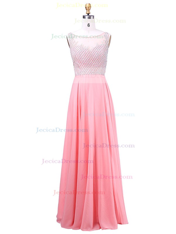 A-line Scoop Neck Chiffon Tulle with Crystal Detailing Floor-length Promotion Prom Dresses #JCD020102973