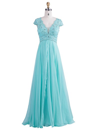 Graceful V-neck Cap Straps Lace Chiffon with Beading Sweep Train Empire Prom Dresses #JCD020102975