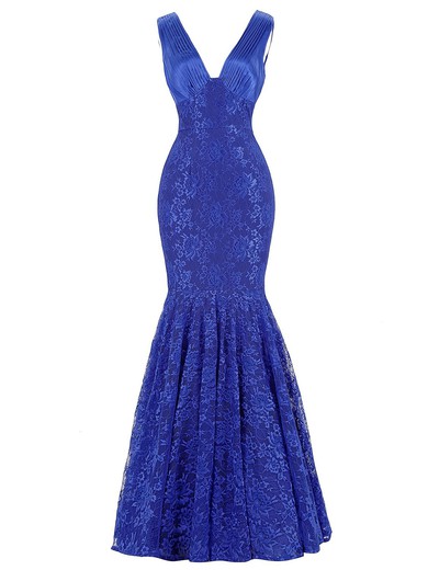 Trumpet/Mermaid V-neck Royal Blue Lace Ruffles Floor-length Vintage Prom Dresses #JCD020102976
