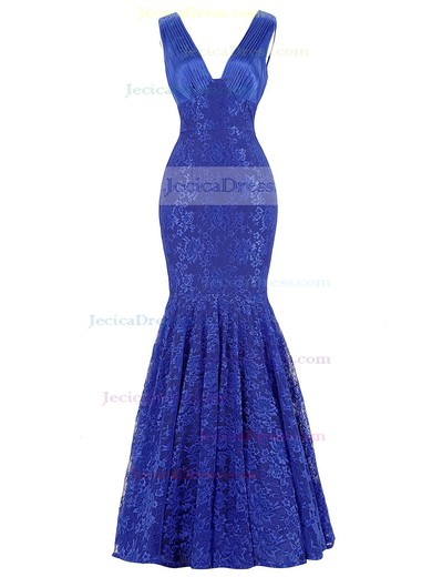 Trumpet/Mermaid V-neck Royal Blue Lace Ruffles Floor-length Vintage Prom Dresses #JCD020102976