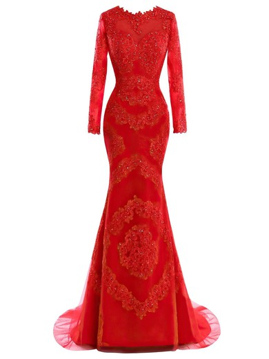 Classic Trumpet/Mermaid Scoop Neck Tulle Appliques Lace Sweep Train Long Sleeve Red Prom Dresses #JCD020102977