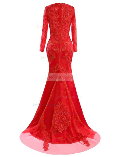 Classic Trumpet/Mermaid Scoop Neck Tulle Appliques Lace Sweep Train Long Sleeve Red Prom Dresses #JCD020102977