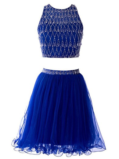 Short/Mini A-line Scoop Neck Royal Blue Tulle Beading Prettiest Two Piece Prom Dresses #JCD020102980