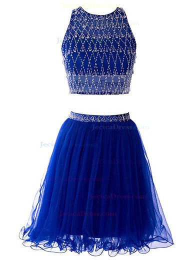 Short/Mini A-line Scoop Neck Royal Blue Tulle Beading Prettiest Two Piece Prom Dresses #JCD020102980
