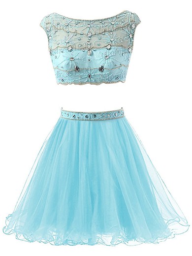 Cute Short/Mini A-line Scoop Neck Tulle with Beading Two Piece Prom Dresses #JCD020102981