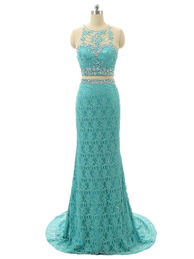 Two Piece Scoop Neck Sheath/Column Lace Tulle Beading Sweep Train Ladies Prom Dresses #JCD020102982