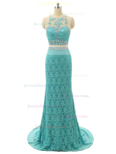 Two Piece Scoop Neck Sheath/Column Lace Tulle Beading Sweep Train Ladies Prom Dresses #JCD020102982