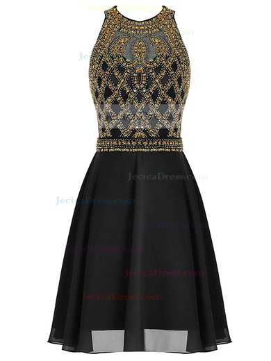 Short/Mini A-line Scoop Neck Chiffon Tulle with Beading Original Black Prom Dresses #JCD020102983