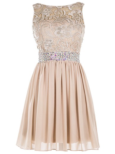 Champagne A-line Scoop Neck Lace Chiffon Beading Classy Short/Mini Prom Dresses #JCD020102984