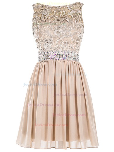 Champagne A-line Scoop Neck Lace Chiffon Beading Classy Short/Mini Prom Dresses #JCD020102984