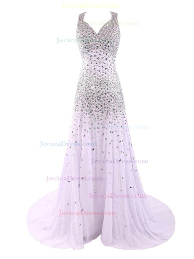 V-neck Sheath/Column Tulle Crystal Detailing Sweep Train Stunning Open Back Prom Dresses #JCD020102985