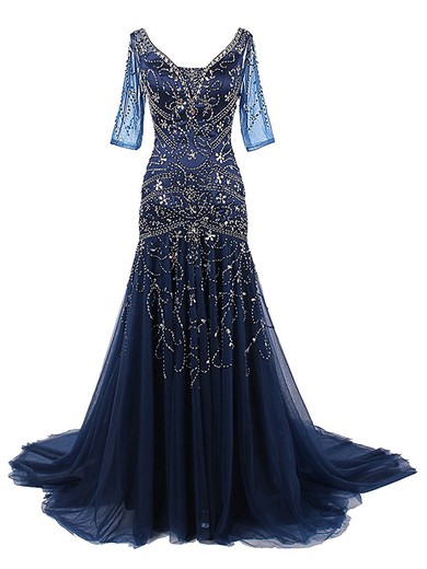 Noble Trumpet/Mermaid V-neck Tulle with Beading Sweep Train 1/2 Sleeve Prom Dresses #JCD020102986