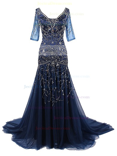 Noble Trumpet/Mermaid V-neck Tulle with Beading Sweep Train 1/2 Sleeve Prom Dresses #JCD020102986