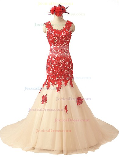 Scoop Neck Tulle Appliques Lace Court Train Online Trumpet/Mermaid Red Prom Dresses #JCD020102987