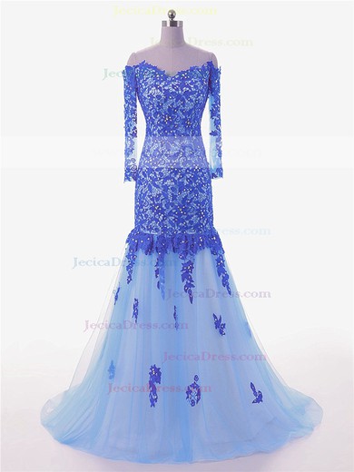 Nice Off-the-shoulder Trumpet/Mermaid Tulle Appliques Lace Sweep Train Backless Long Sleeve Prom Dresses #JCD020102988