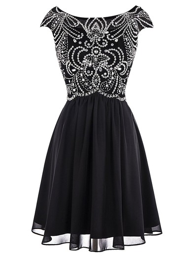 Fashion A-line Scoop Neck Chiffon Tulle with Beading Black Short/Mini Prom Dresses #JCD020102990