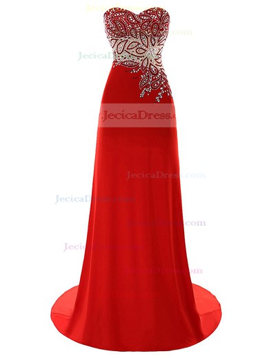 Sweetheart Red Chiffon Beading Sweep Train Discounted Sheath/Column Prom Dresses #JCD020102991