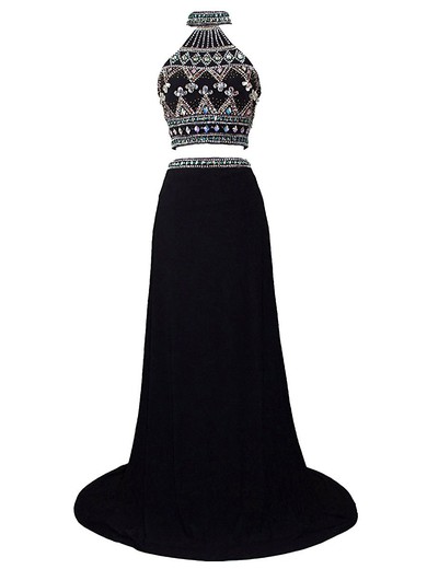 Two Piece Sheath/Column Black Chiffon Sequins Sweep Train Trendy High Neck Prom Dresses #JCD020102993