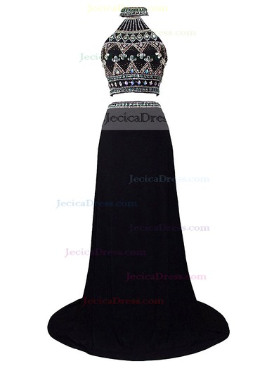 Two Piece Sheath/Column Black Chiffon Sequins Sweep Train Trendy High Neck Prom Dresses #JCD020102993