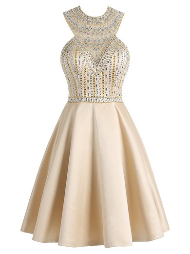 Newest A-line Scoop Neck Satin Tulle Beading Short/Mini Open Back Prom Dresses #JCD020102996