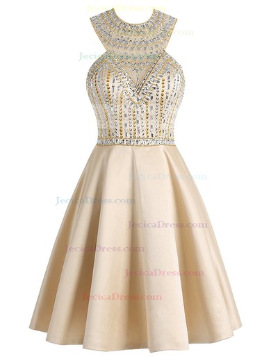 Newest A-line Scoop Neck Satin Tulle Beading Short/Mini Open Back Prom Dresses #JCD020102996