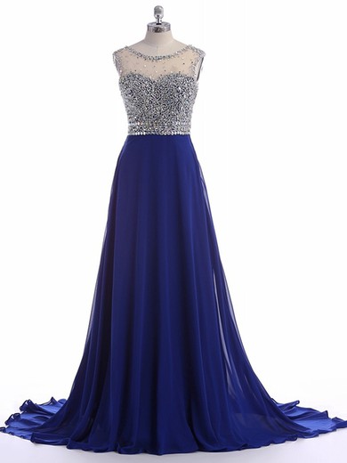 Boutique A-line Scoop Neck Tulle Chiffon with Beading Sweep Train Prom Dresses #JCD020103000