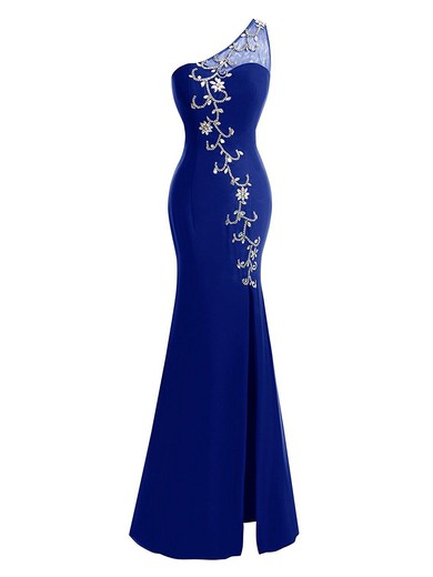 Elegant Trumpet/Mermaid Royal Blue Chiffon Tulle Split Front Floor-length One Shoulder Prom Dresses #JCD020103001