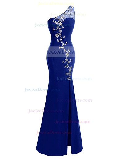 Elegant Trumpet/Mermaid Royal Blue Chiffon Tulle Split Front Floor-length One Shoulder Prom Dresses #JCD020103001