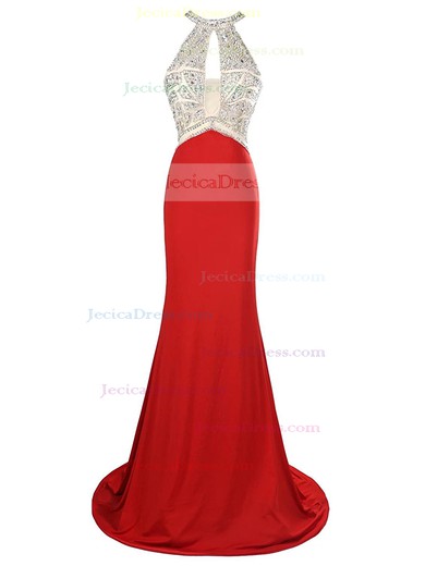 New Style Scoop Neck Tulle Silk-like Satin Beading Sweep Train Sheath/Column Prom Dresses #JCD020103002