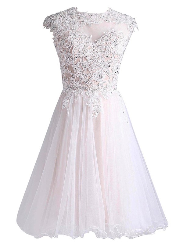 Open Back A-line Scoop Neck Tulle with Appliques Lace Sweet Short/Mini Prom Dresses #JCD020103003