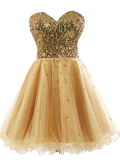 A-line Sweetheart Gold Tulle with Sequins Lace-up Sparkly Short/Mini Prom Dresses #JCD020103004